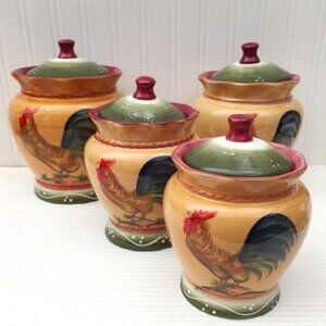 Set of 4 Rooster Ceramic Canisters French Country